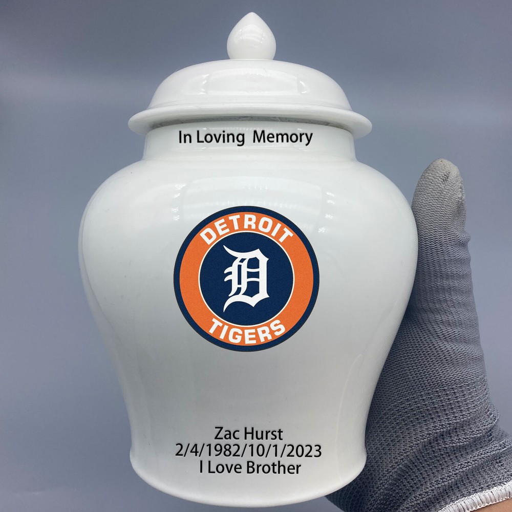 Ceramic Medium Urn for Detroit Tigers Baseball Theme, Custom Text