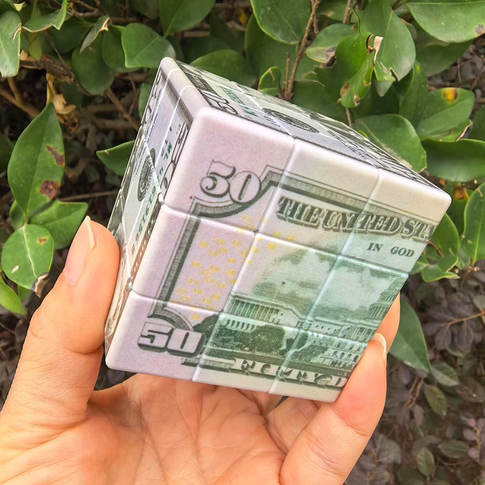 Fifty Dollar Cube,3X3 Magic Cube,Us Dollar Bill Speed Cube Stickerless with Stan