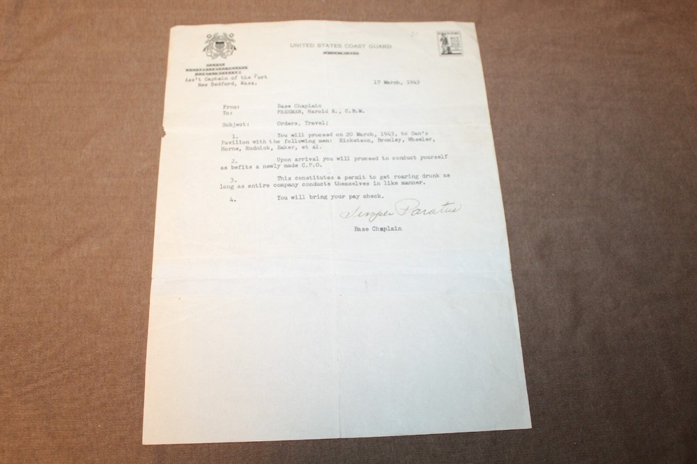 Original WW2 United States Coast Guard Serviceman's Orders Document, 1943 d.
