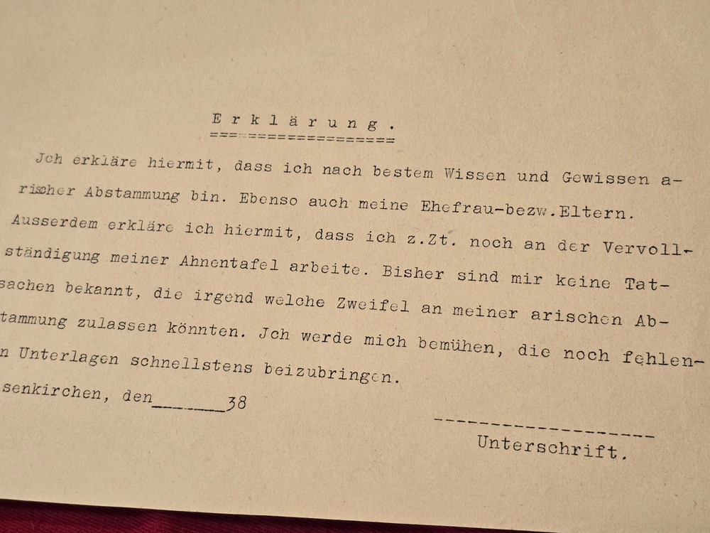 1938 Third Reich German Family Tree Ancestry Proof Declaration Document