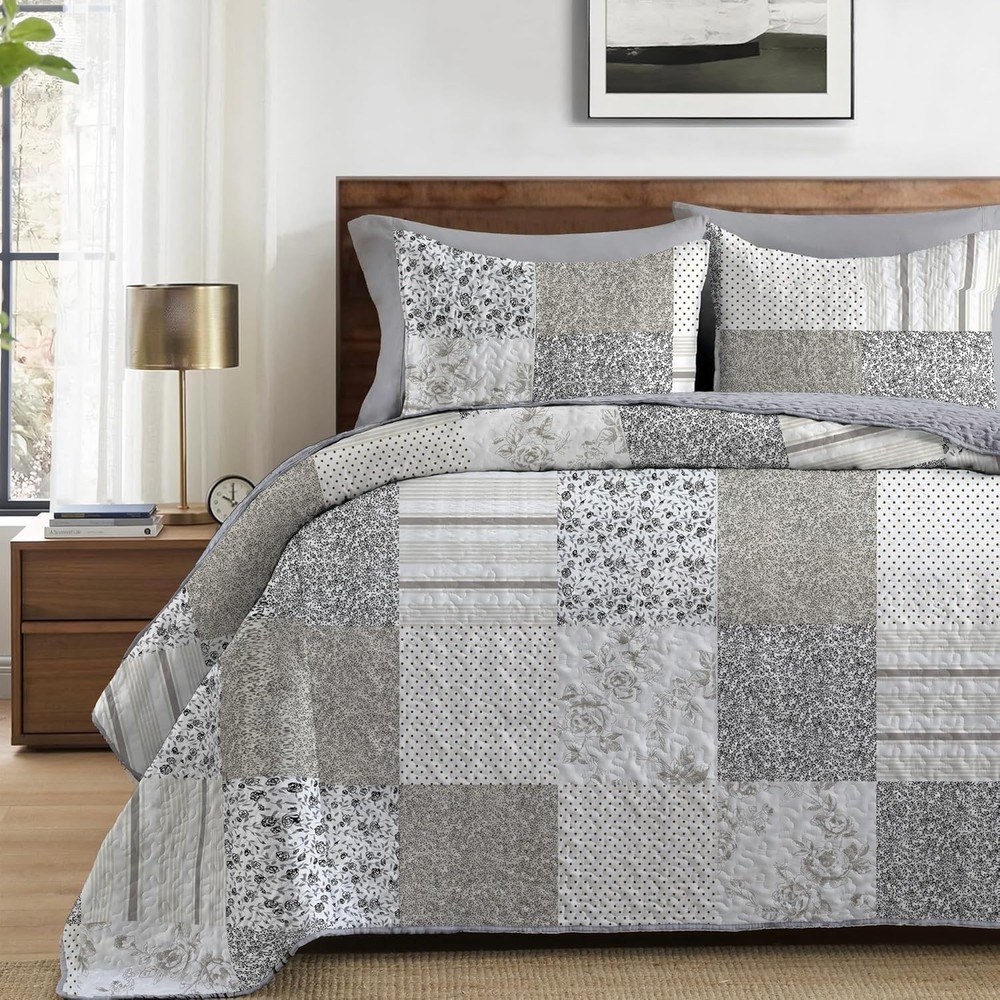 3 Piece Full Size Quilt Set Queen Lightweight Soft Plaid Patchwork Bedding