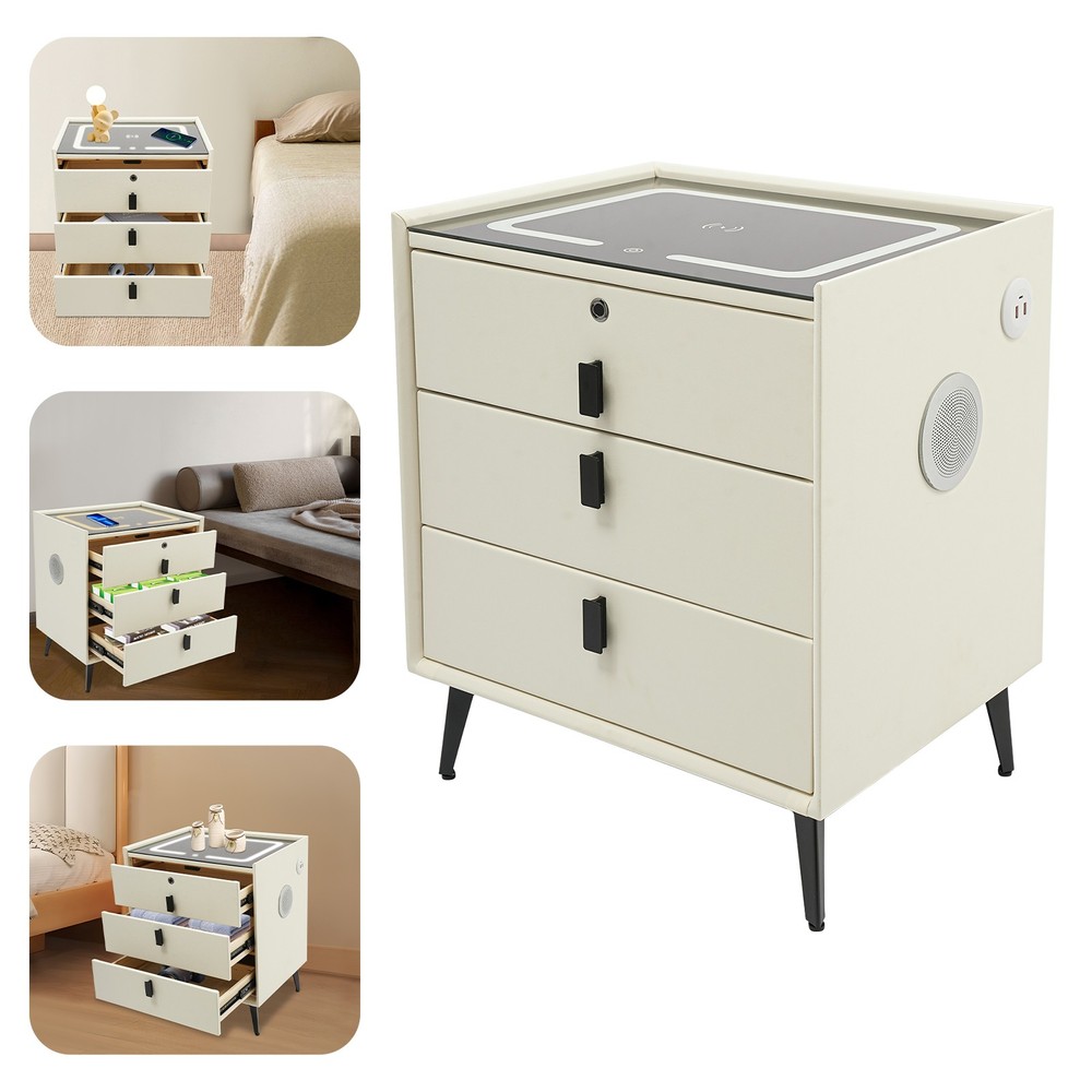 Bluetooth Nightstand Fingerprint Locking Drawer Wireless Charging 3 Color LED