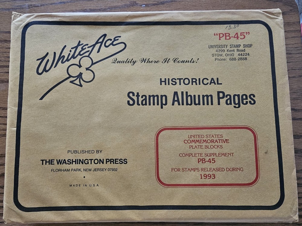 White Ace Stamp Supplement PB-45 for 1993 Commemorative Plate Blocks NOS