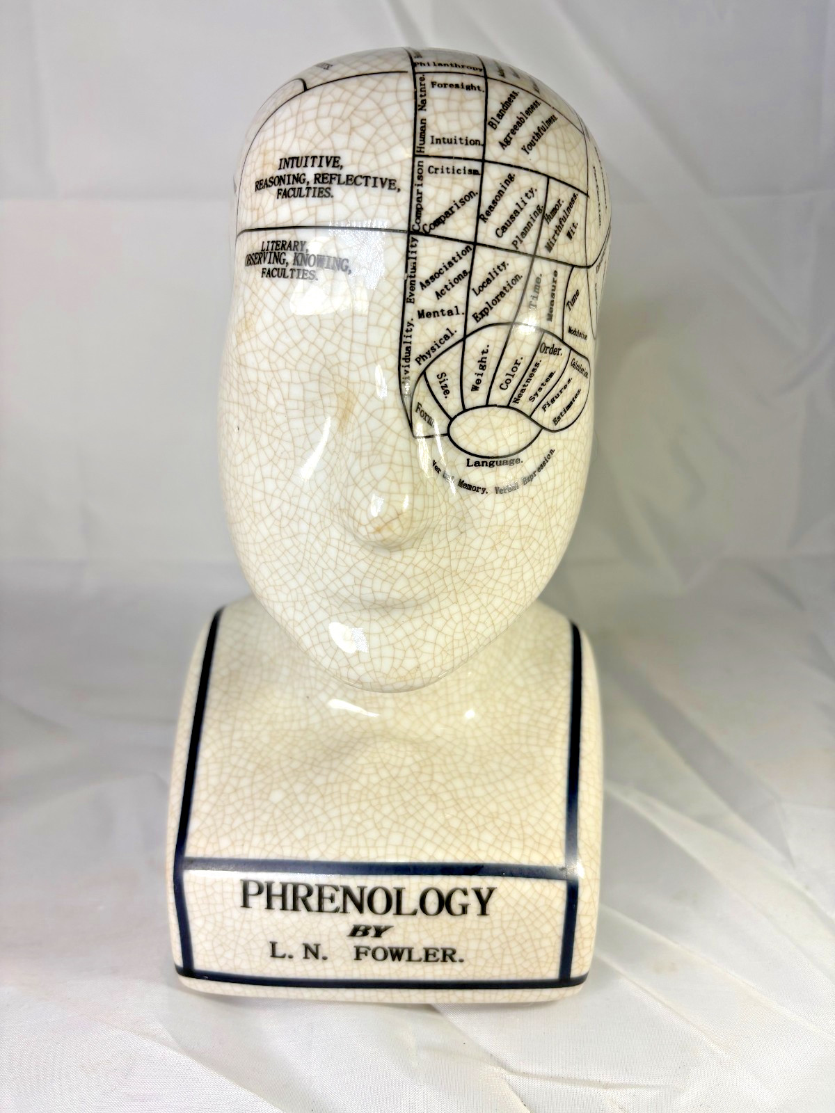 L.N. FOWLER Phrenology Head Bust Porcelain Crackle Science of Psychology 9"