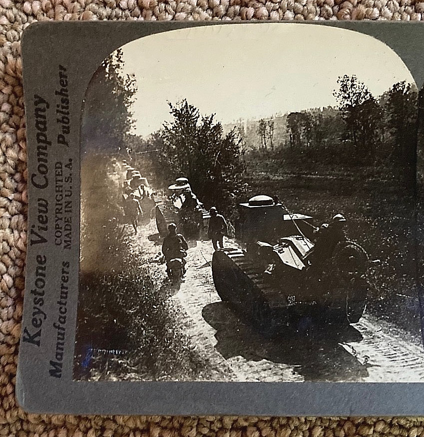 WW1 FRENCH RENAULT FT TSF TANKS GOING INTO FRONT LINE STEREO PHOTO c1917