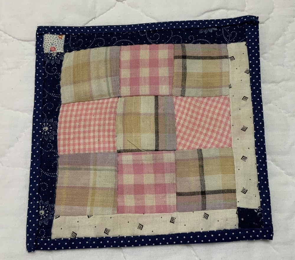 Antique Vintage Patchwork Quilt Table Topper, Nine Patch, Early, Pink, Multi