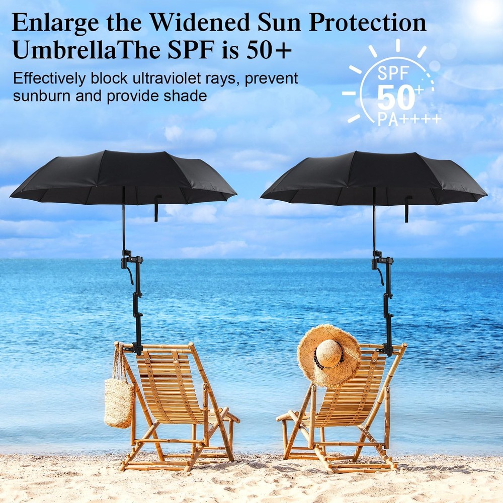 2 Pcs Beach Umbrella with Adjustable Universal Clamp Upf 50+ Automatic Open a...