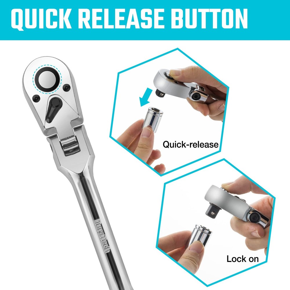 DURATECH 3-Piece Flex-Head Ratchet Set, 1/4", 3/8", 1/2" Drive, Silver