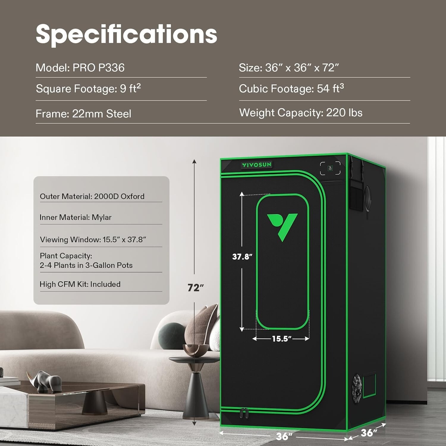 VIVOSUN P336 3x3ft Grow Tent36"×36"×72" ,2000D Oxford canvas lined,Non Toxic