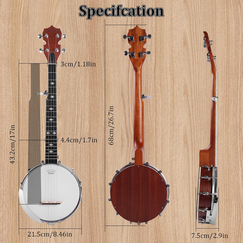 5 String Banjo Mini - 26 Inch Travel Banjo Sapele Body Closed Solid Back Beginne