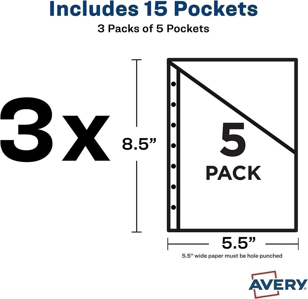 Avery Mini Binder Pockets,Assorted Colors,Fits 3-Ring Binders and 7-Ring Binders