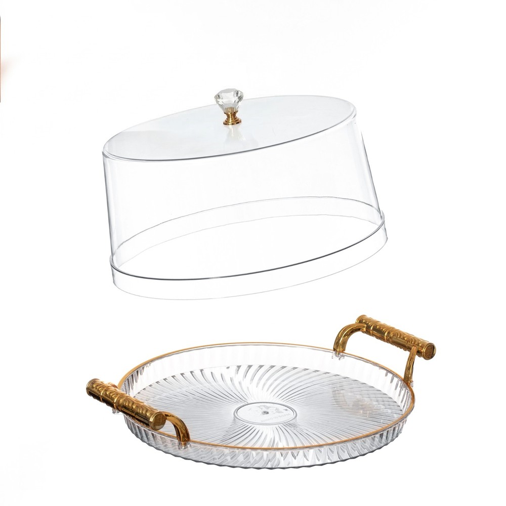 New Basicwise Plastic Cake Stand with Clear Flat-Top Cover and Gold Handles