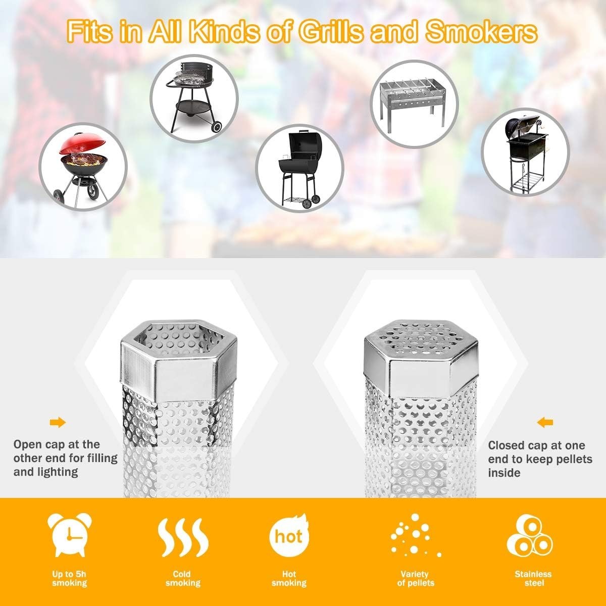 Pellet Smoker Tube, 2 Pack 12'' Stainless Steel BBQ Wood Pellet Tube Smoker, for