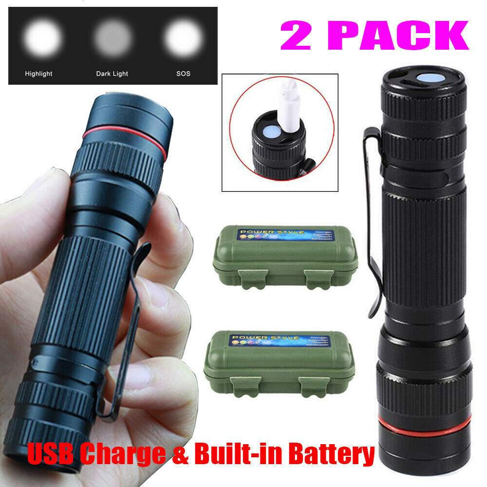 2 Pack LED Flashlight USB Rechargeable Super Bright Torch Lamp Tactical Light