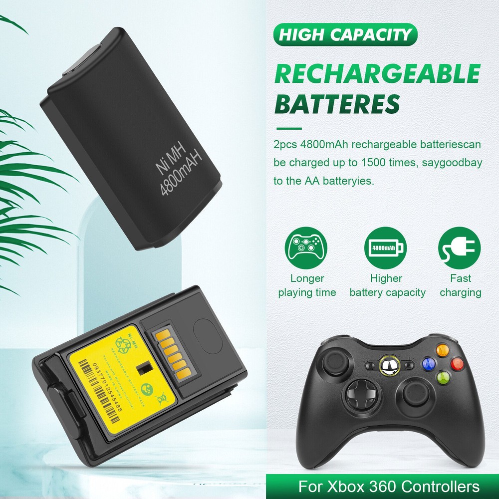 2 Battery Pack For Microsoft Xbox 360 Wireless Controller + USB Charging Cable