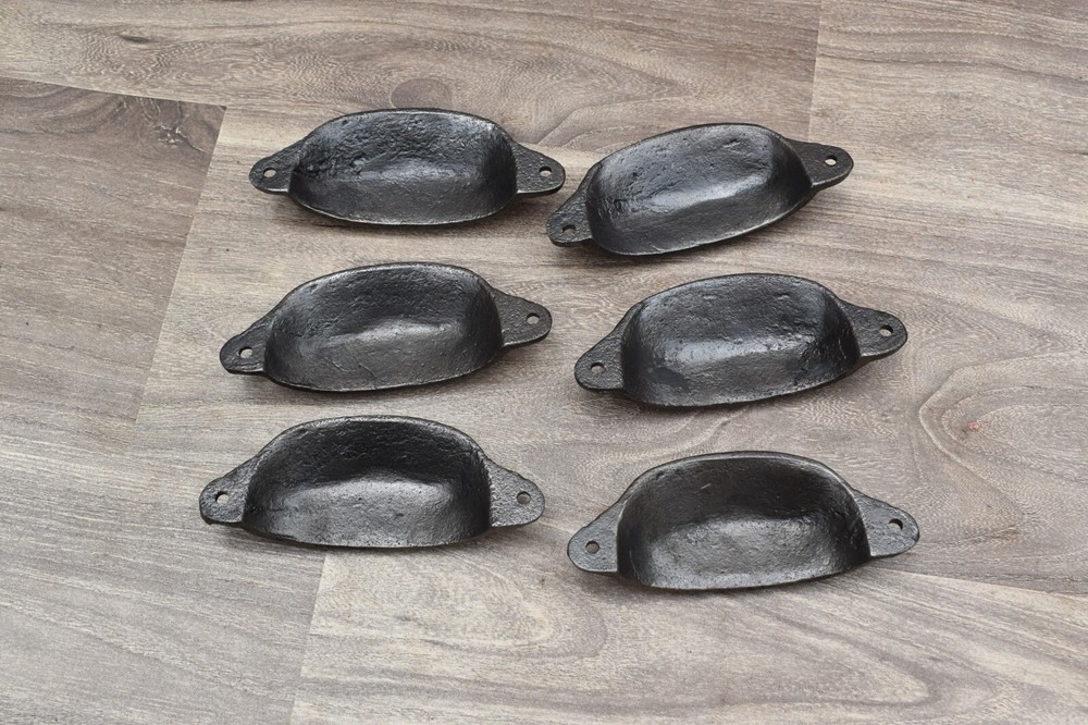 Vintage cast iron Cup Bin Pulls cabinet drawer door knobs handles pull rustic 6p