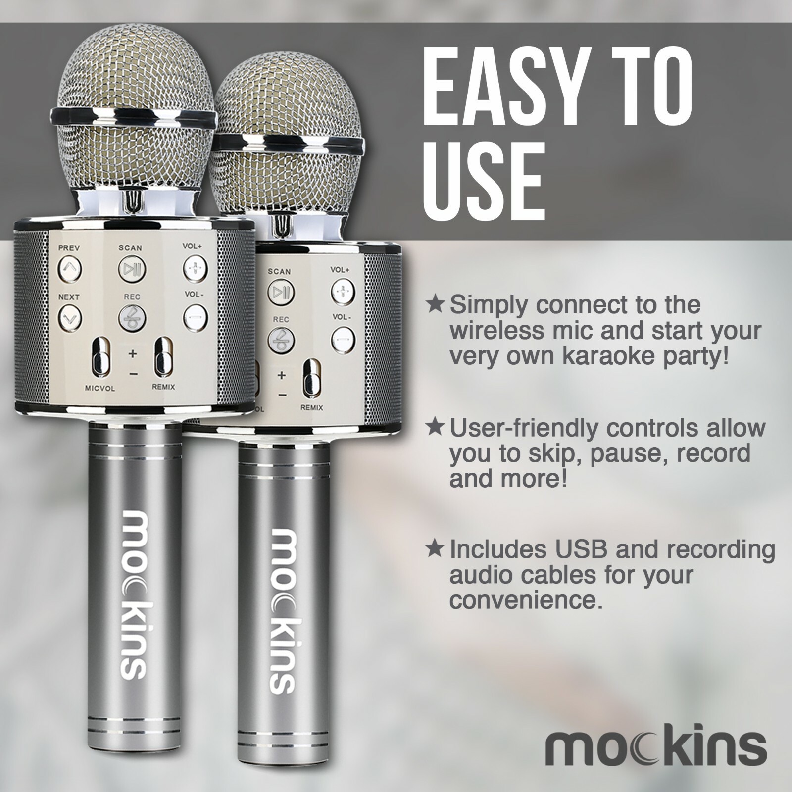 Mockins 2 Pack Silver Wireless Bluetooth KARAOKE MICROPHONE Holiday Gift, kids