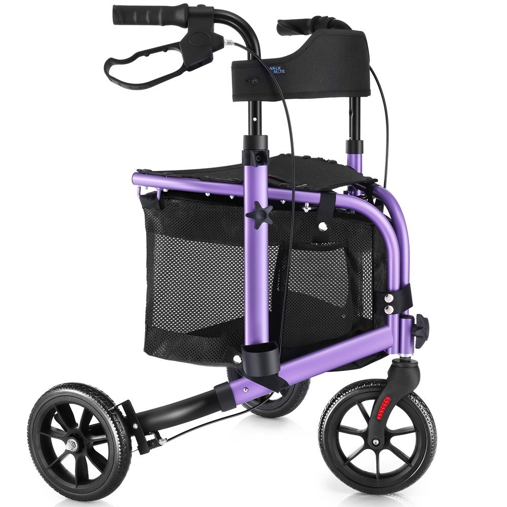 8" 3-Wheel Folding Rollator Walk Rolling Walker w/Adjustable Handle Storage Bag