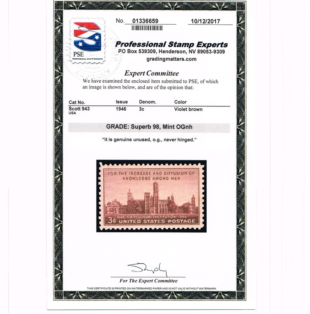 EXCEPTIONAL GENUINE SCOTT #943 MINT PRISTINE OG NH PSE CERT GRADED SUPERB 98