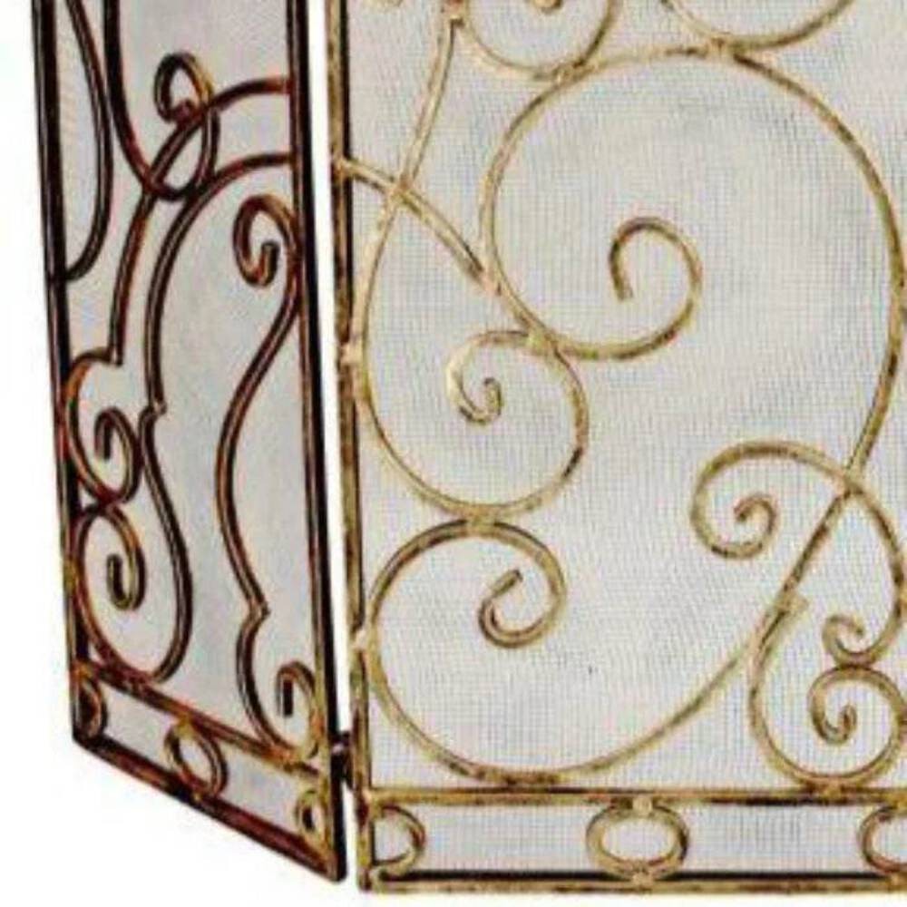 3-Panel Fireplace Screen in Burnished Gold with Scroll Design