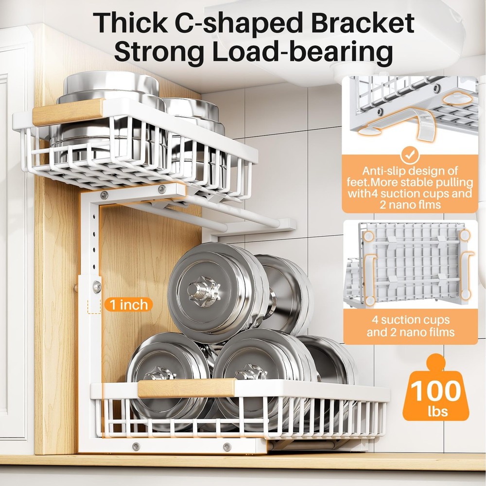 Under Sink Organizer, Adjustable Height, 2 Tier Pull Out Under Cabinet Organi...
