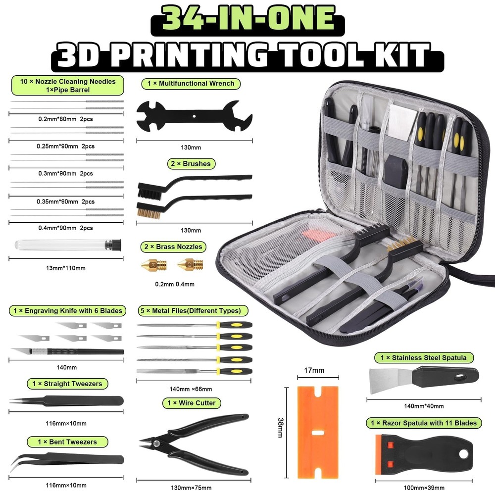 3D Printer Tools Kit, 34pcs Accessories for All FDM/SLA Black