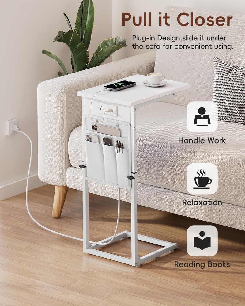 End Table W/ Charging Station Adjustable Height Side Table Couch Small C Shaped
