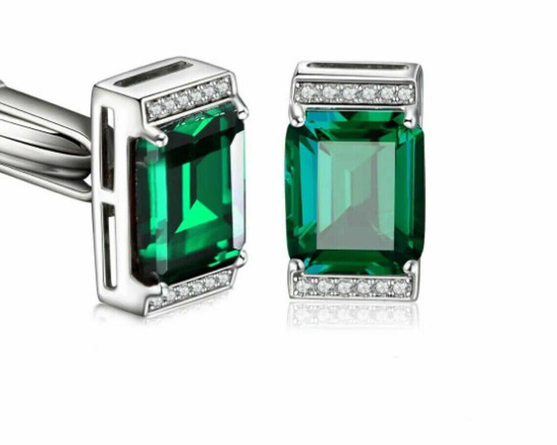 3 CT Emerald Cut Lab Created Green Emerald Men's Cufflink 14K White Gold Plated.