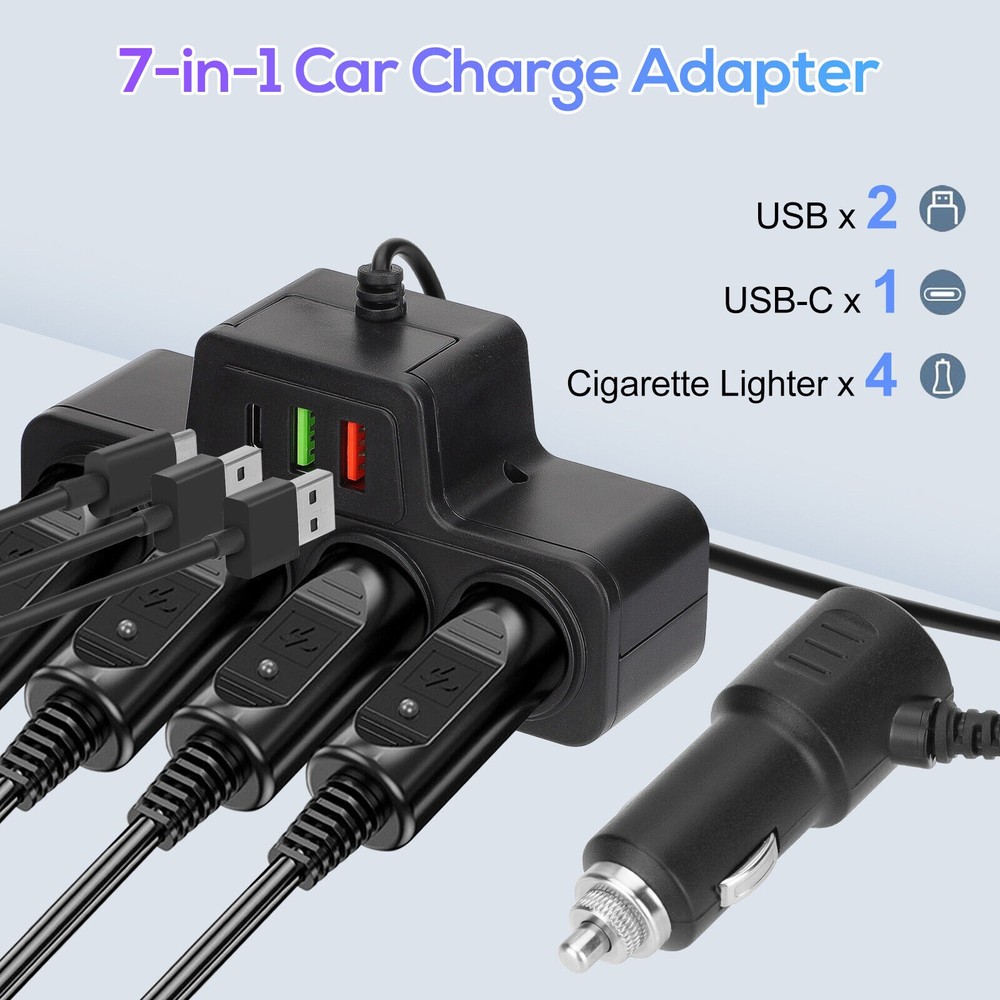 7-in-1 4-Socket Car Cigarette Lighter Splitter USB Fast Charger Power Adapter