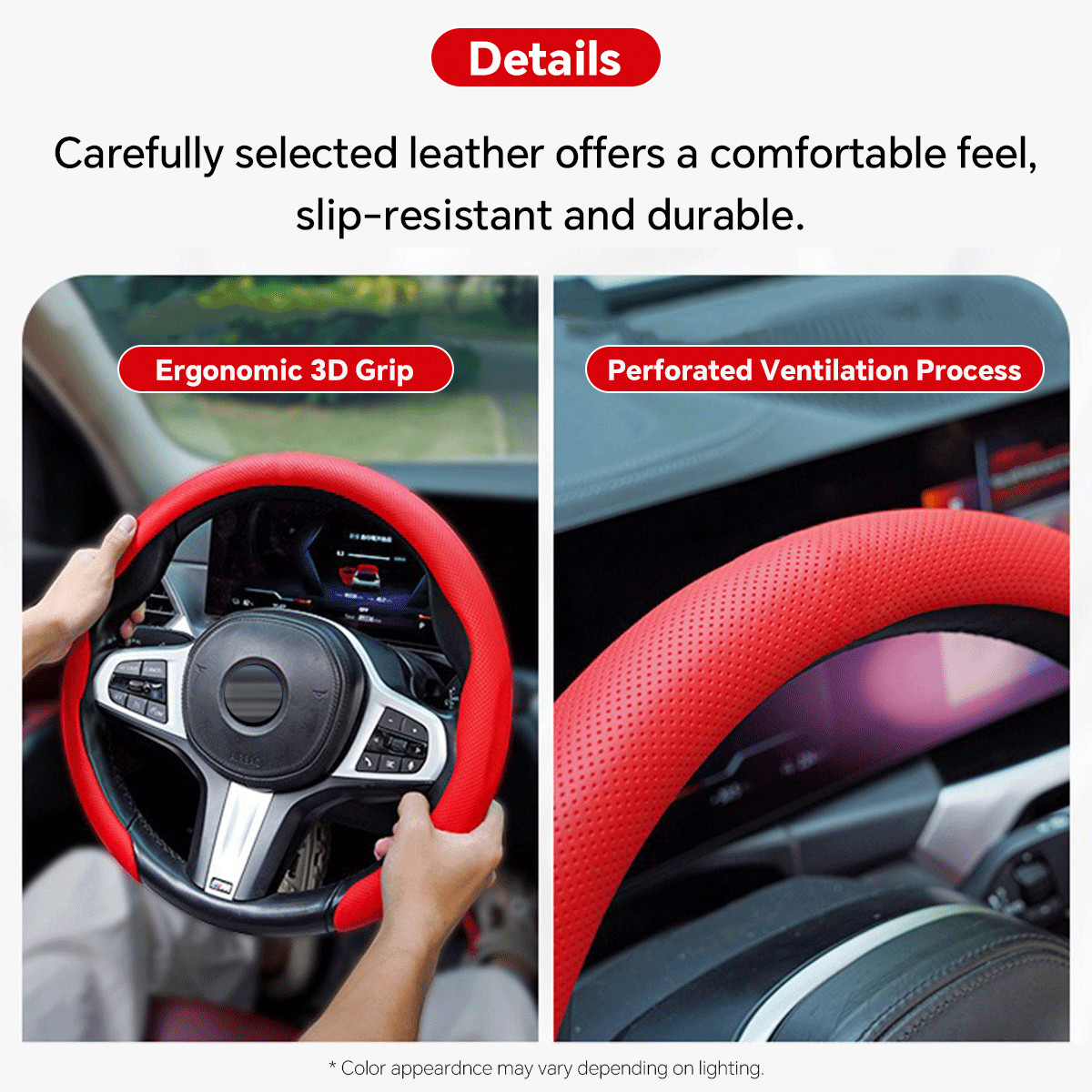 For Acura Red Steering Wheel Cover Ultra-thin Nappa Leather Breathable Anti-slip