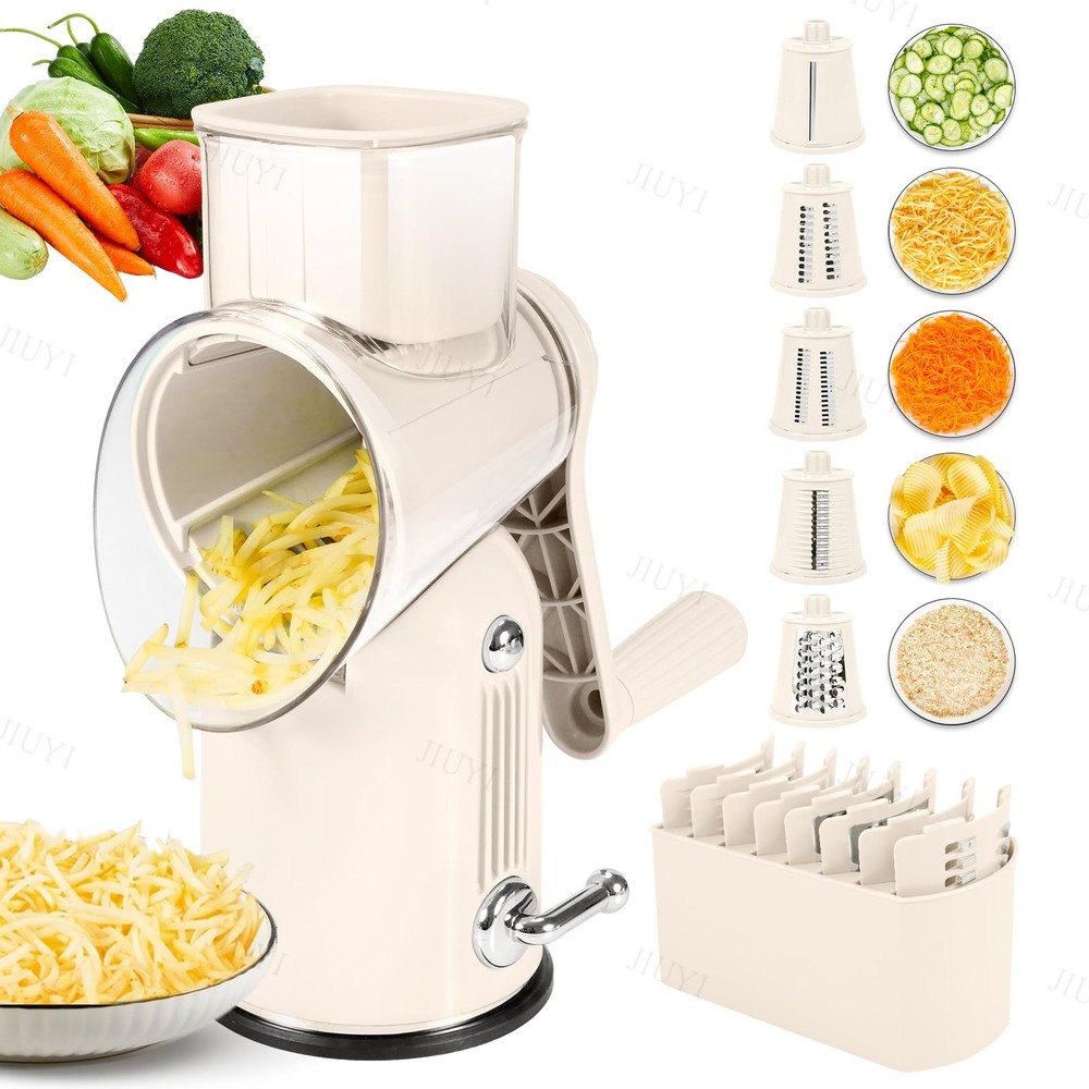 Rotary Cheese Grater with Handle Vegetable Shredder with 5 Interchangeable Bl...