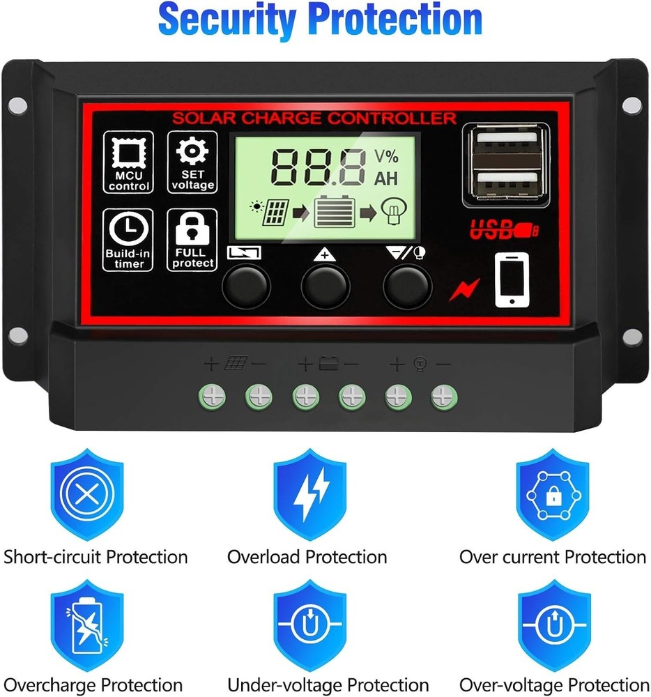 Upgraded] 30A Solar Charge Controller, Black Solar Panel Battery Intelligent ...