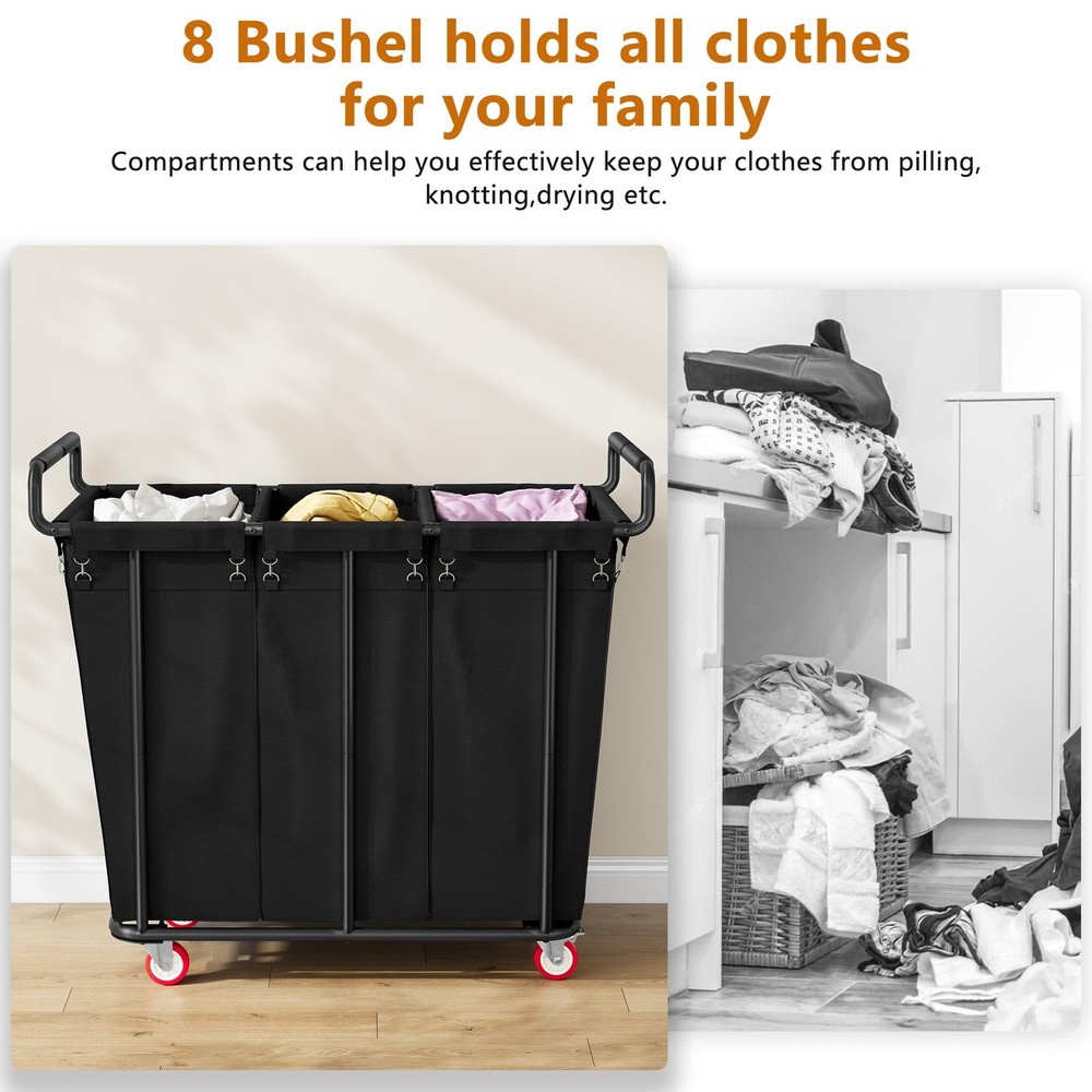 Large laundry hamper with Wheels, 360L 3 Bag Big Rolling Laundry Hamper Sorte...