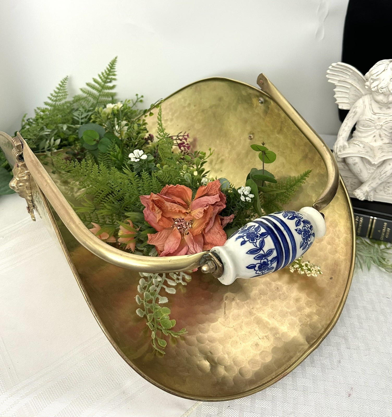 Vintage Brass Fireplace Log Holder Lion Paw Feet Delft Blue Handle Large