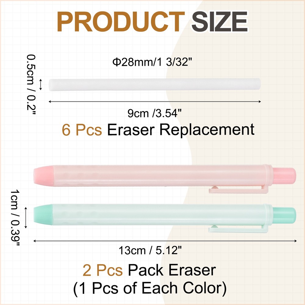 2+6Pcs Retractable Eraser Pen with 6Replacement Refill, Light Pink/Light Gray