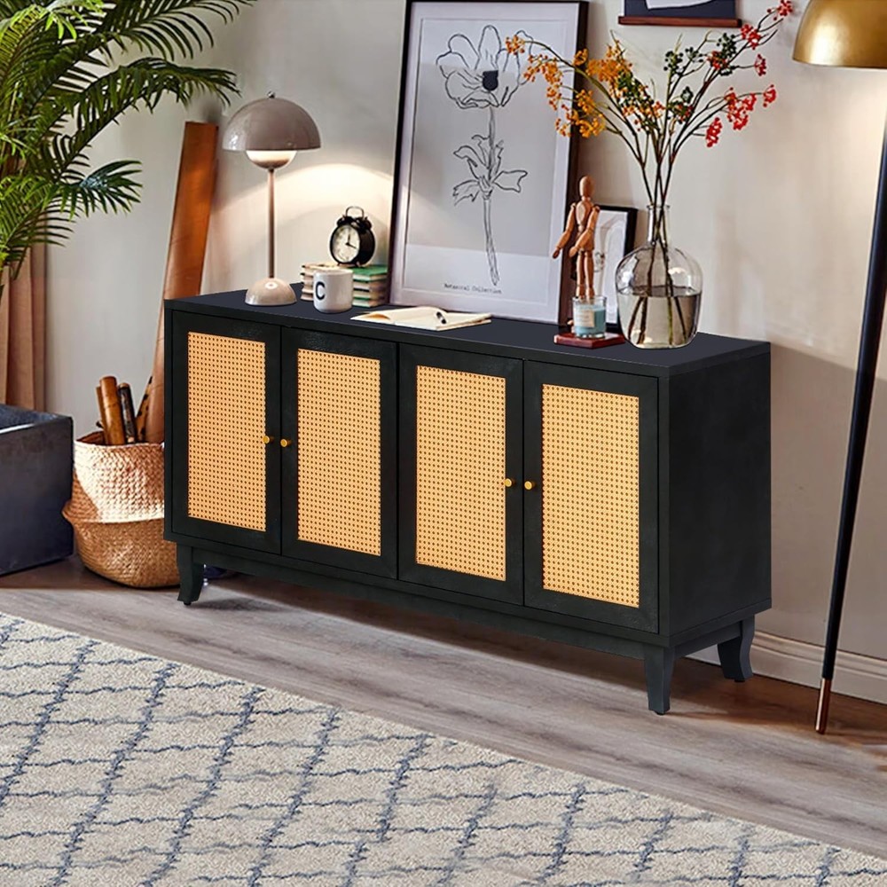 AMNOOL Rattan Accent Sideboard Storage Cabinet Console Table w/4 Doors Dark Gray