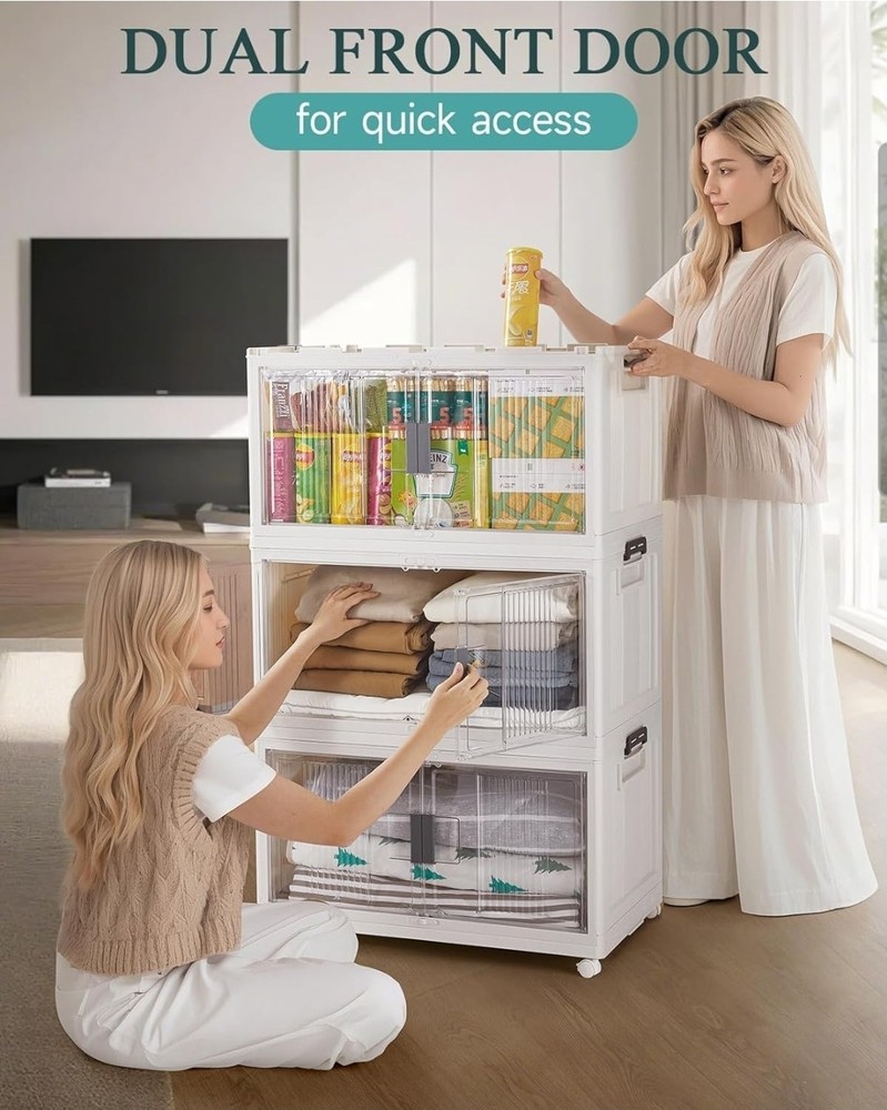 OlarHike 97QT Stackable Collapsible Plastic Storage Bin, Wheeled, White, 4 Pack