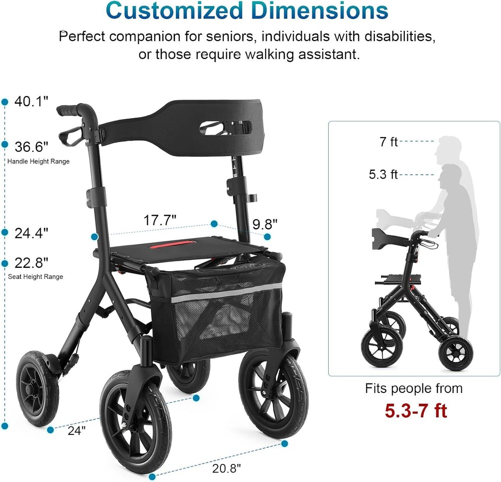 Rollator Walker for Seniors, Lightweight Foldable All Terrain Rolling Walker