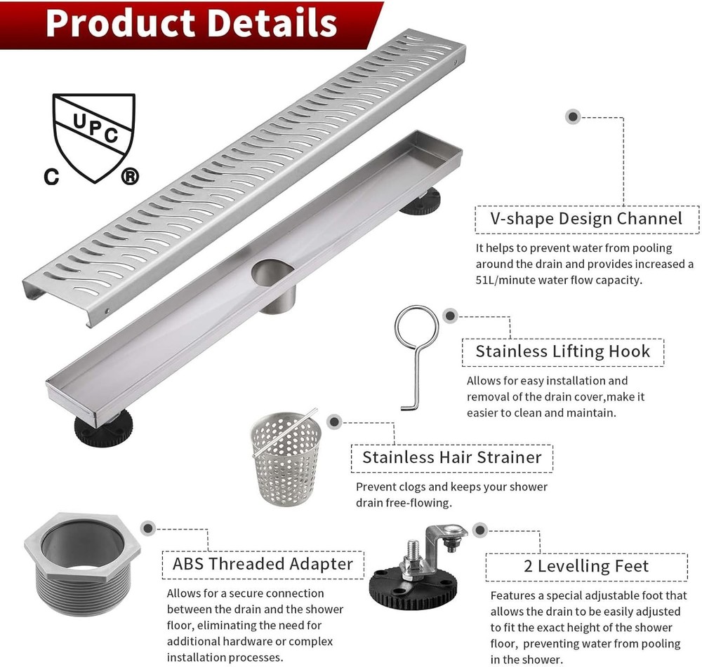 28 inch Linear Shower Drain, Brushed Rectangular Floor Drain, V-Shape Design
