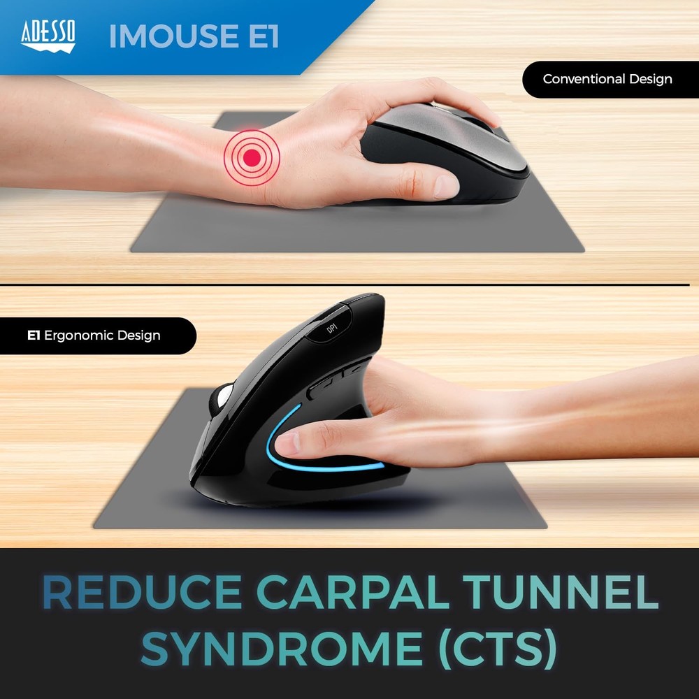 Adesso Wired Vertical Ergonomic Illuminated Optical 6-Button USB Mouse - Right H