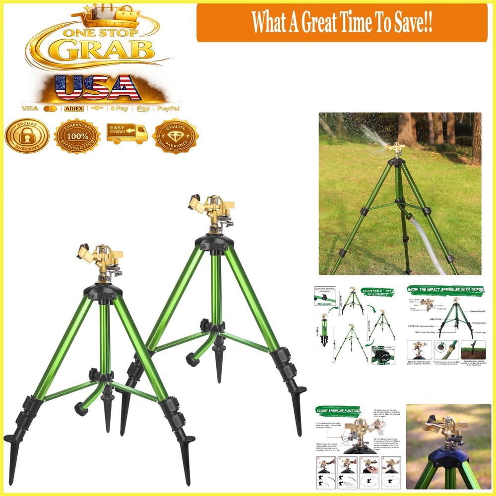 2 Pack Impact Sprinkler on Tripod Base with Stakes Large Area Coverage
