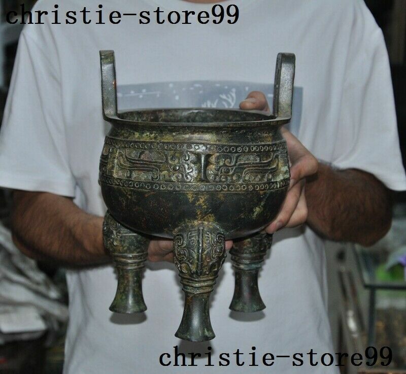Old Chinese Bronze Ware Dynasty beast face Word 3 leg Incense Burner Censer