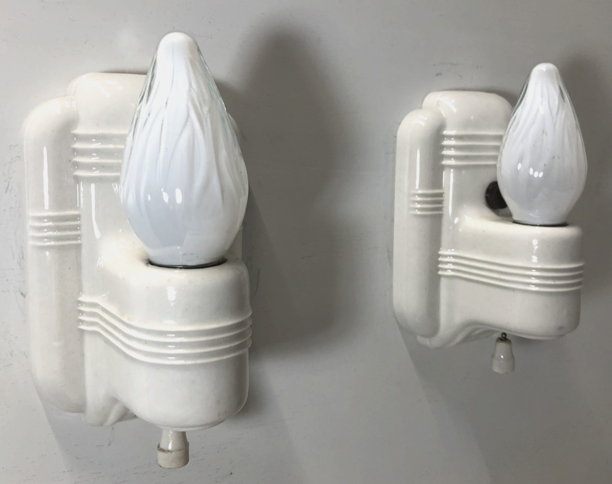 Vtg Porcelain Sconce Light Pair Bathroom Ceramic Wall Fixture Art Deco USA #L19