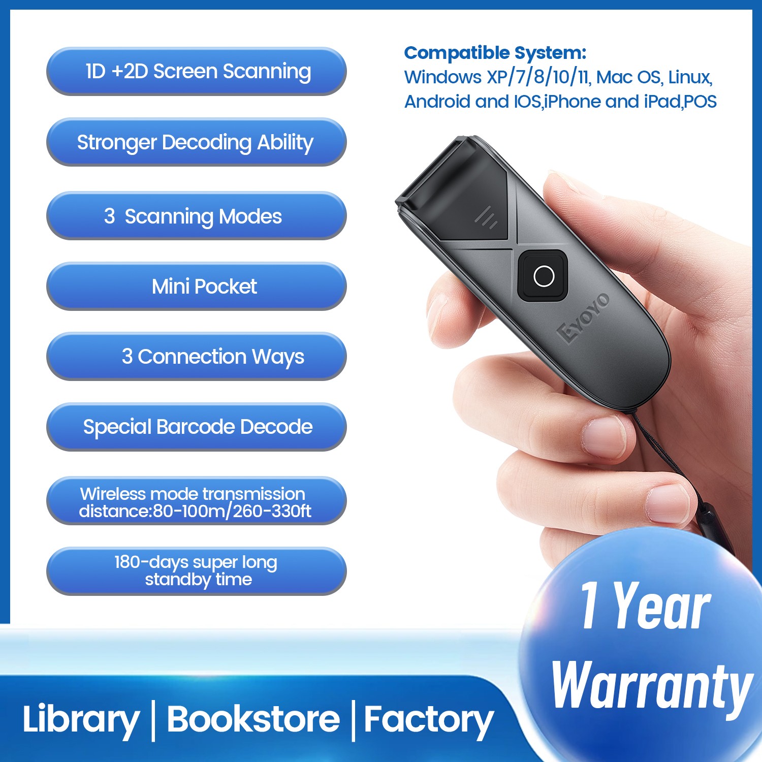 EYOYO Wireless 2D QR Code Barcode Scanner Bluetooth Book UPC EAN Code PC Scanner