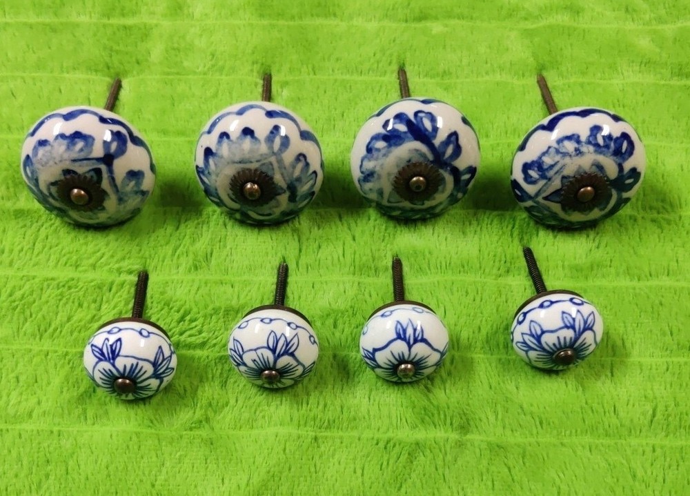 8 Vintage Drawer Knobs Pulls Ceramic Cobalt Blue White Floral