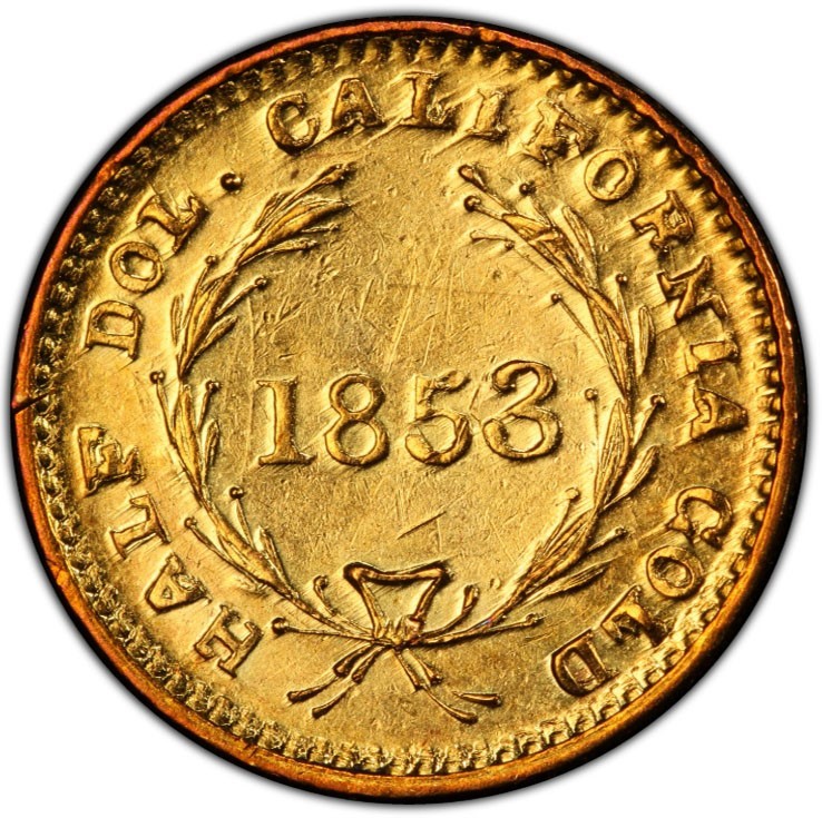1853 GOLD CALIFORNIA FRACTIONAL LIBERTY ROUND 50 CENTS BG 409 PCGS AU 58
