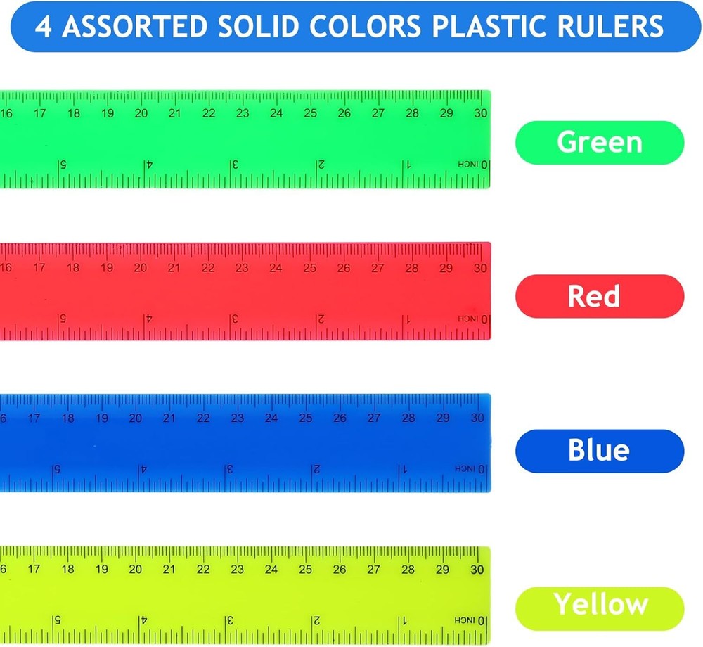 100 Pcs 12 Inch Plastic Ruler Assorted Colors Ruler with Centimeters Millimeter