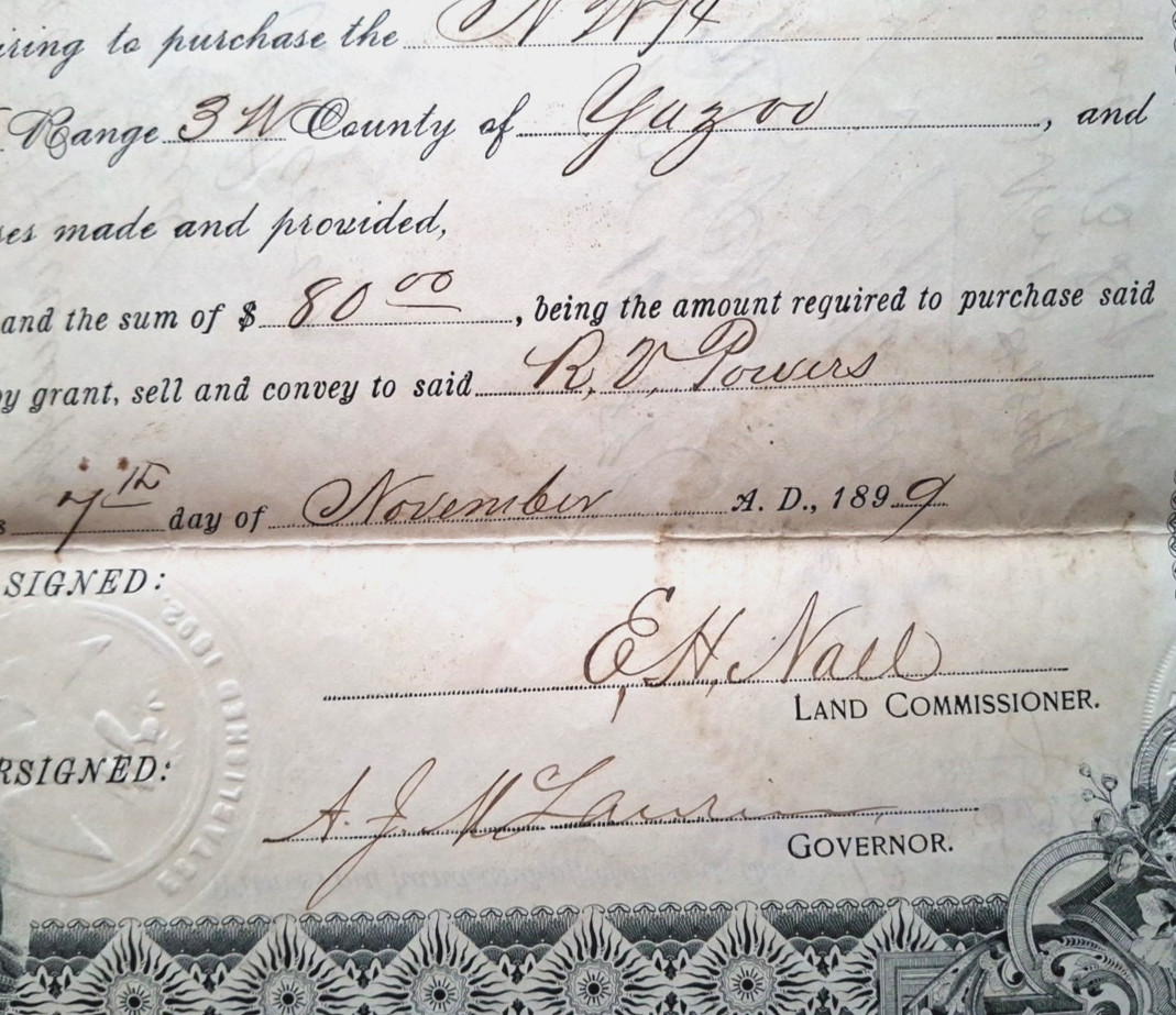 1899 Yazoo County Mississippi Forfeited Land Document Signed by Gov A J McLaurin