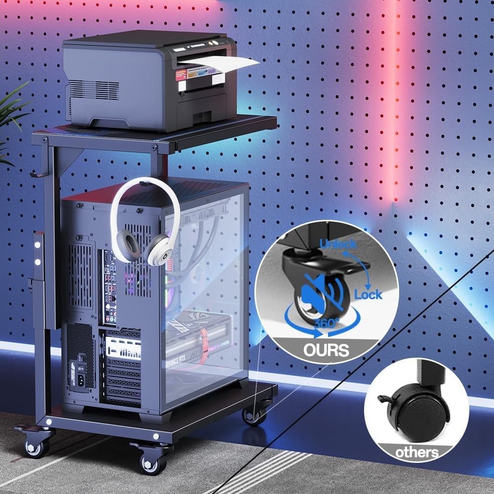 Desktop PC Tower Stand With Wheels Adjustable Height 2 Tier Mobile Computer Cart