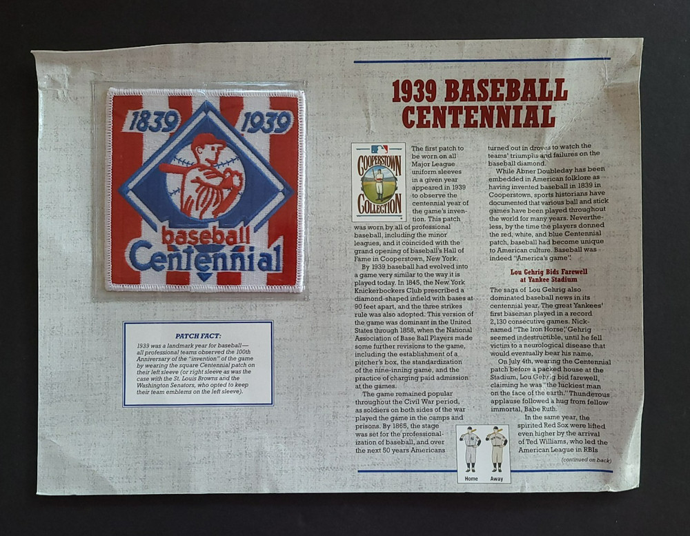 Baseball Centennial Uniform Patch 1939 Willabee & Ward Cooperstown Collection